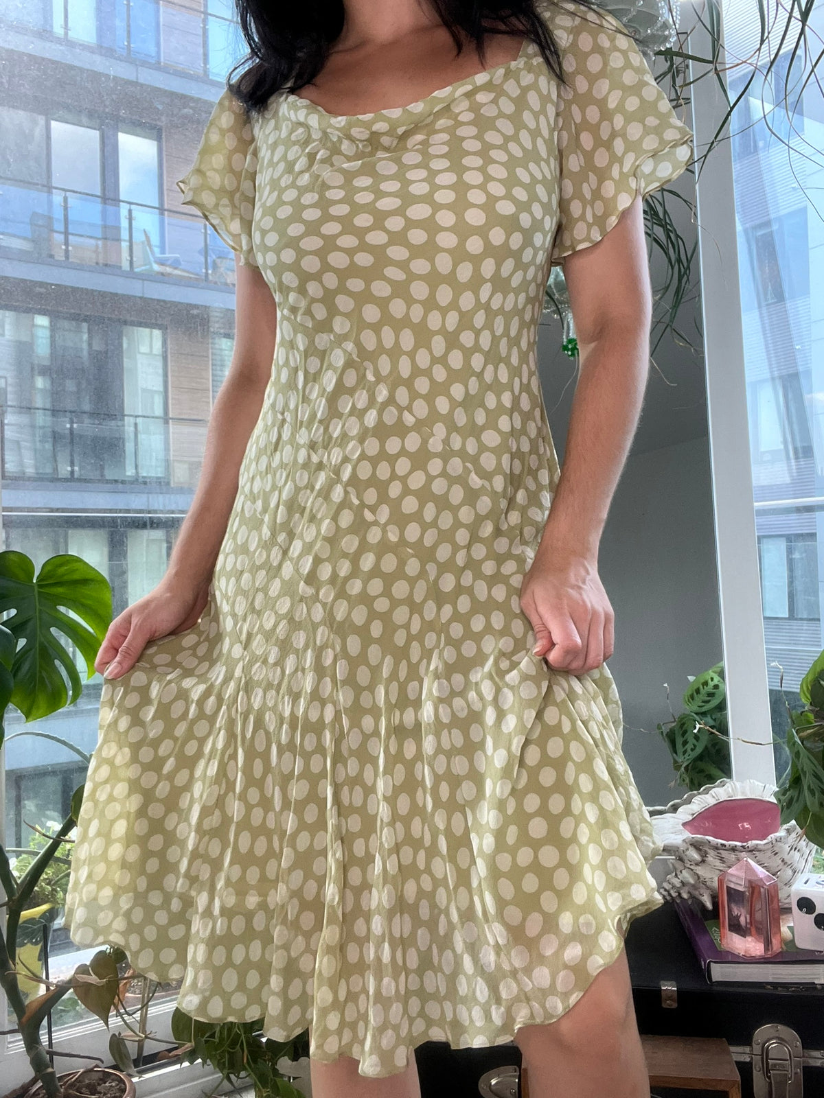 Vintage Elektra Vintage silk polka dot bias cut dress shown in a classic, flowing silhouette with a retro-inspired design.