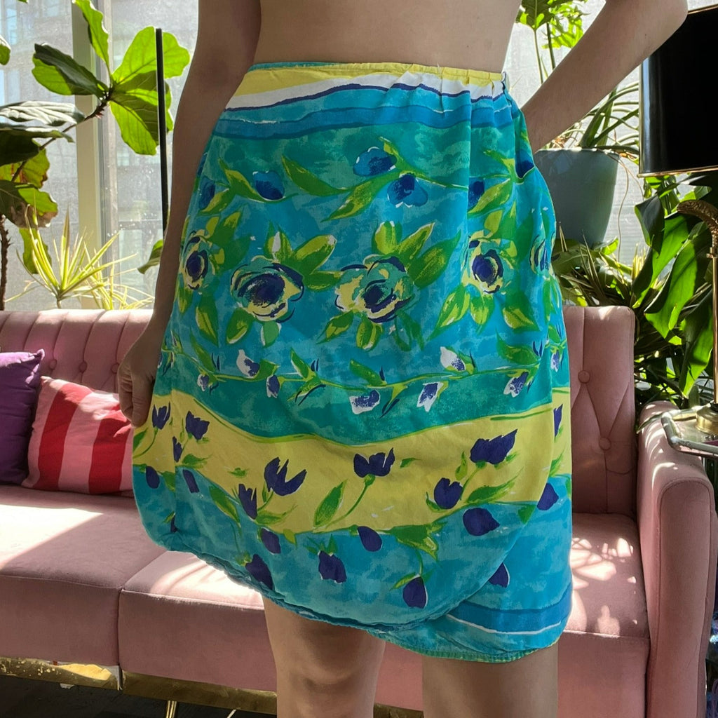 Vintage Aqua Blue Floral Wrap Skirt - Elektra Vintage