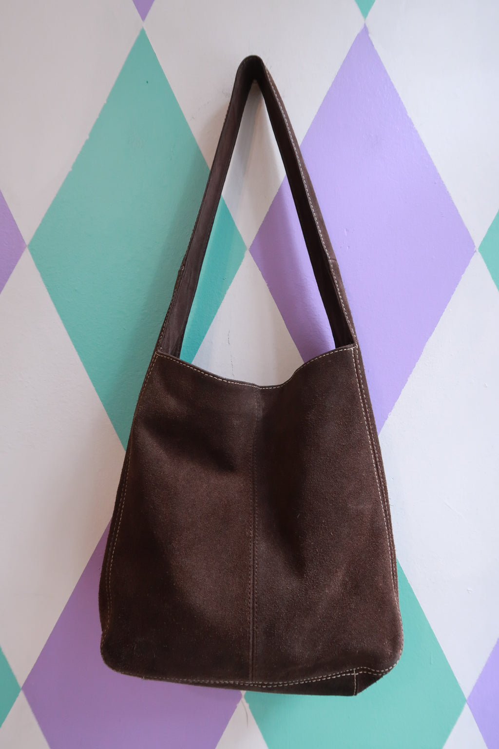 Vintage 2000s Old Navy brown suede shoulder bag with hobo style, by Elektra Vintage, featuring a soft, textured exterior and shoulder strap.