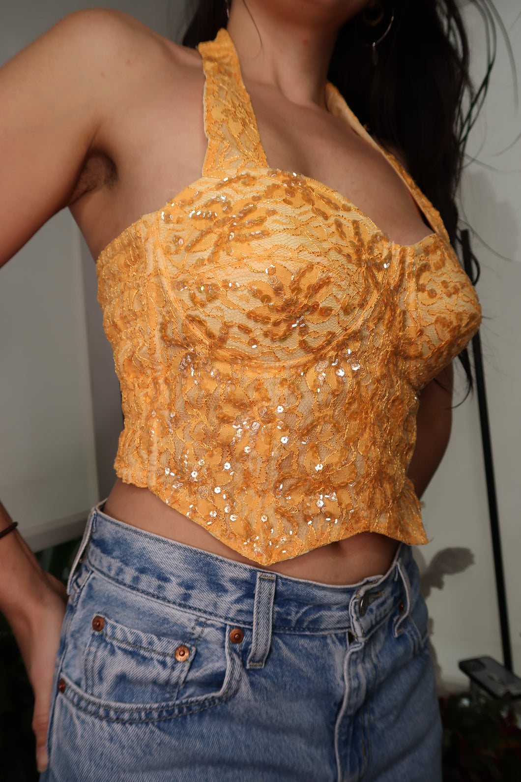 Vintage Orange Lacey Sequin Corset Top