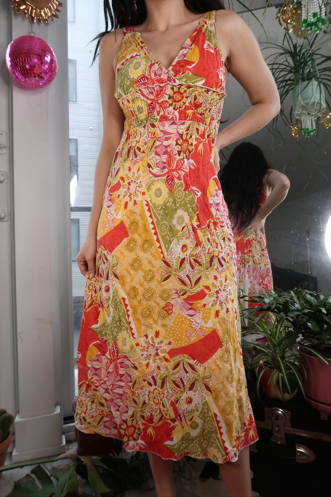Vintage 2000s Orange Green and Red Paisley Floral Sundress