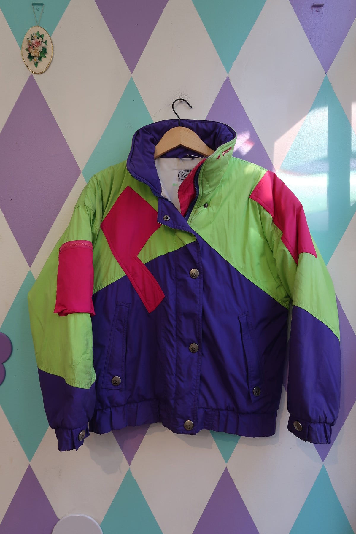 Vintage 80s Colorblock Ski Jacket — Purple, Lime Green & Hot Pink
