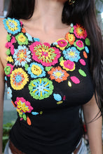 Load image into Gallery viewer, Vintage Black Knit Tank Top with Colorful Crochet Flowers &amp; Beaded Detail – Y2K Festival Statement Top
