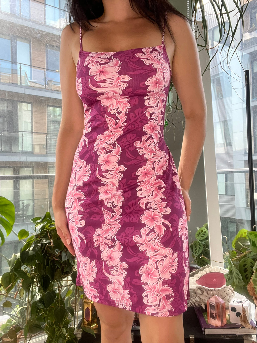 Y2K vintage tropical floral open back midi dress by Elektra Vintage, featuring vibrant floral print and stylish open back design.