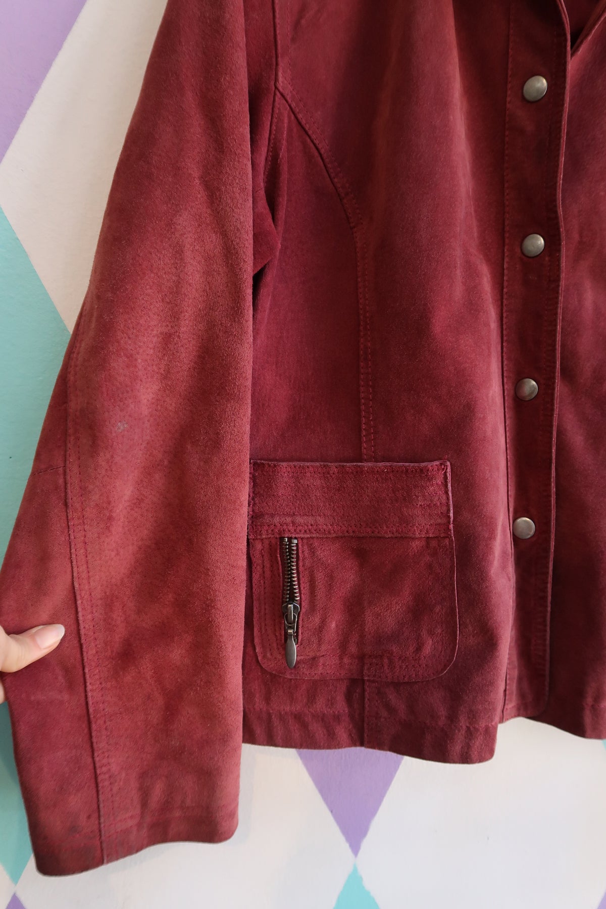 Vintage Suede Button-Up Jacket in Deep Wine Red