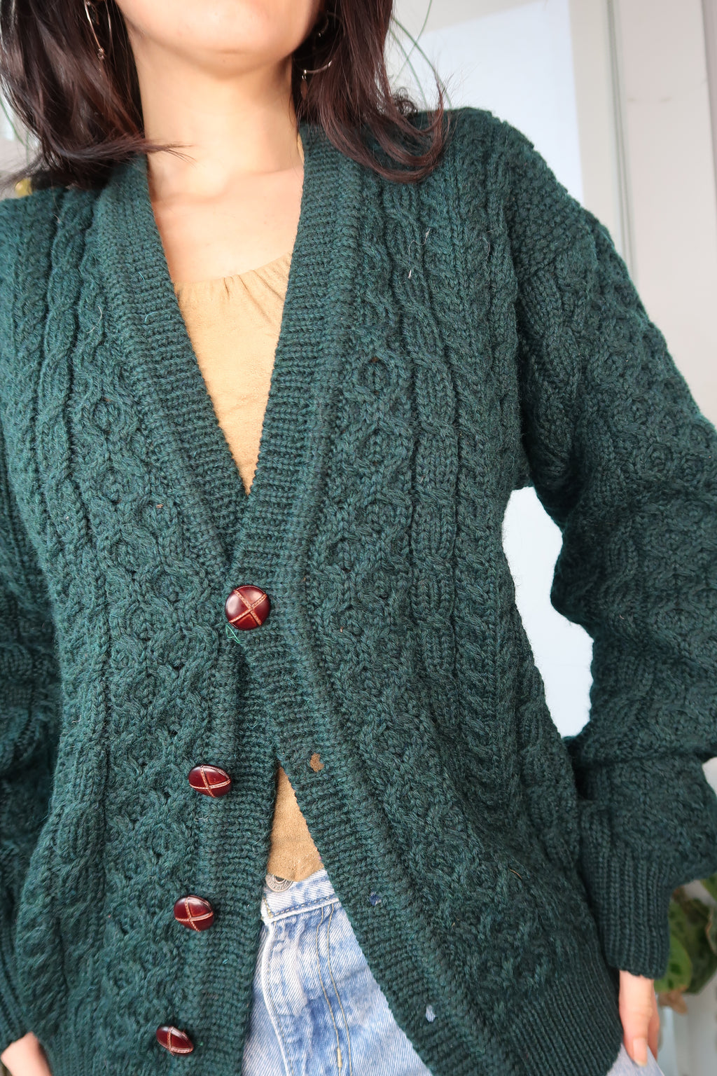 Vintage LL Bean Green Wool Fisherman Cardigan Sweater
