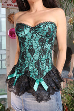 Load image into Gallery viewer, 2000s Frederick&#39;s of Hollywood Teal Black Lace Corset
