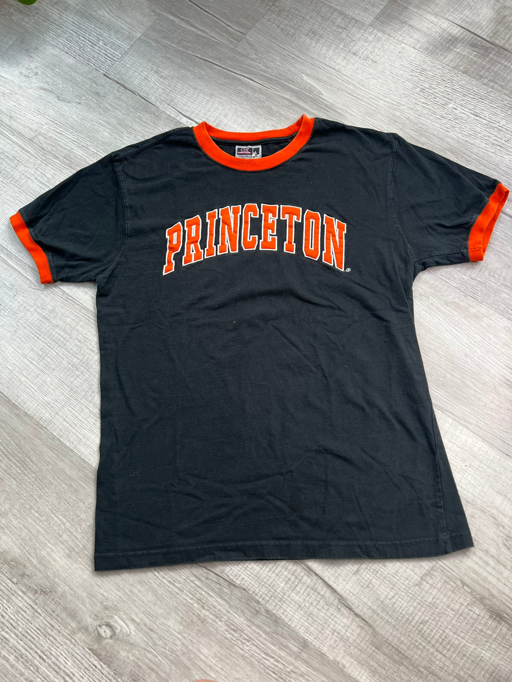 Vintage Princeton University ringer tee by Elektra Vintage, featuring classic navy and white design with university logo.