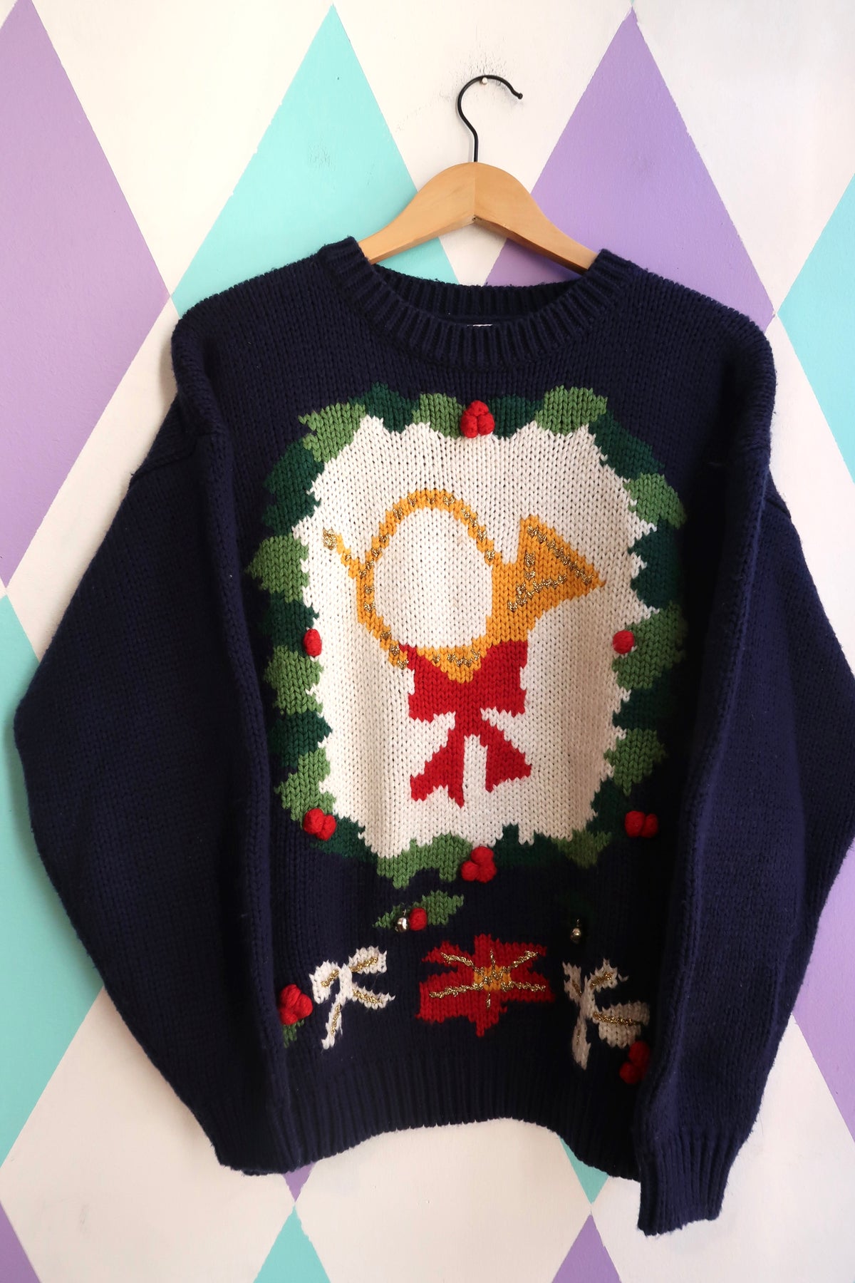 Vintage 80s/90s Navy Christmas Sweater – Horn Wreath Knit Holiday Pullover - Elektra Vintage