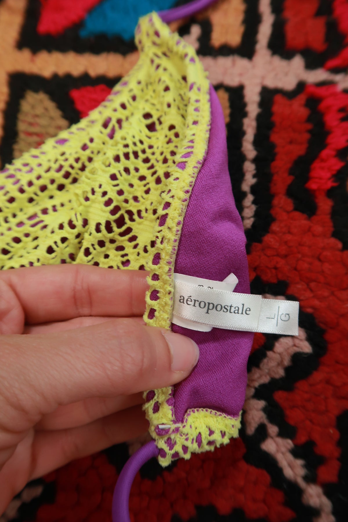Elektra Vintage women's Y2K Aeropostale neon yellow lace overlay triangle bikini top with adjustable straps