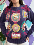 Elektra Vintage vintage horse patchwork knit sweater featuring colorful patchwork design and cozy, textured wool material.