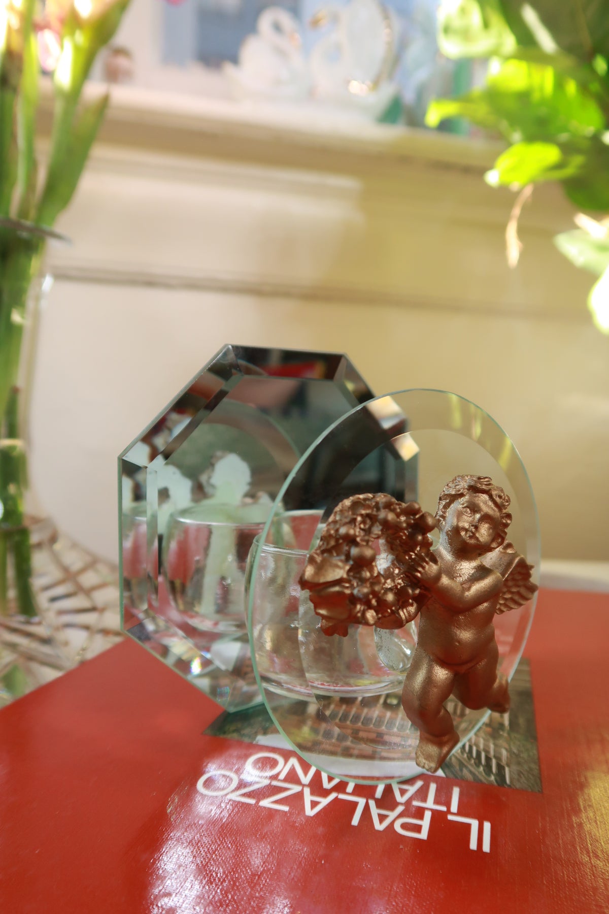 Vintage Glass Cherub Votive Candle Holder with Mirrored Back Hollywood Regency Decor