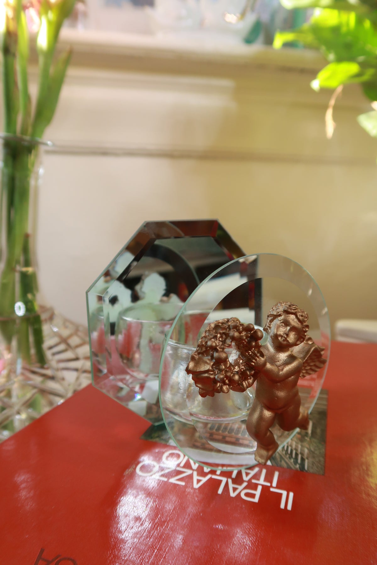 Vintage Glass Cherub Votive Candle Holder with Mirrored Back Hollywood Regency Decor