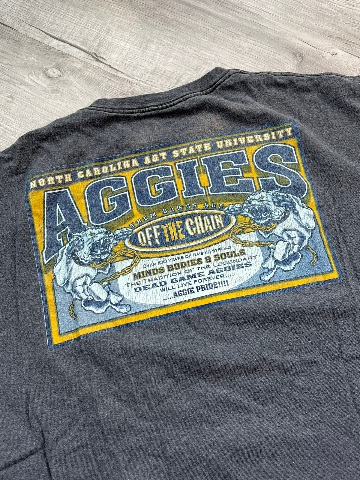 Vintage Elektra Vintage NC A&T Aggies graphic T-shirt featuring team logo and retro design on soft cotton fabric.