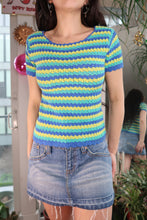 Load image into Gallery viewer, Vintage Crochet Stripe Top – Blue, Green &amp; Yellow Fitted Knit Tee
