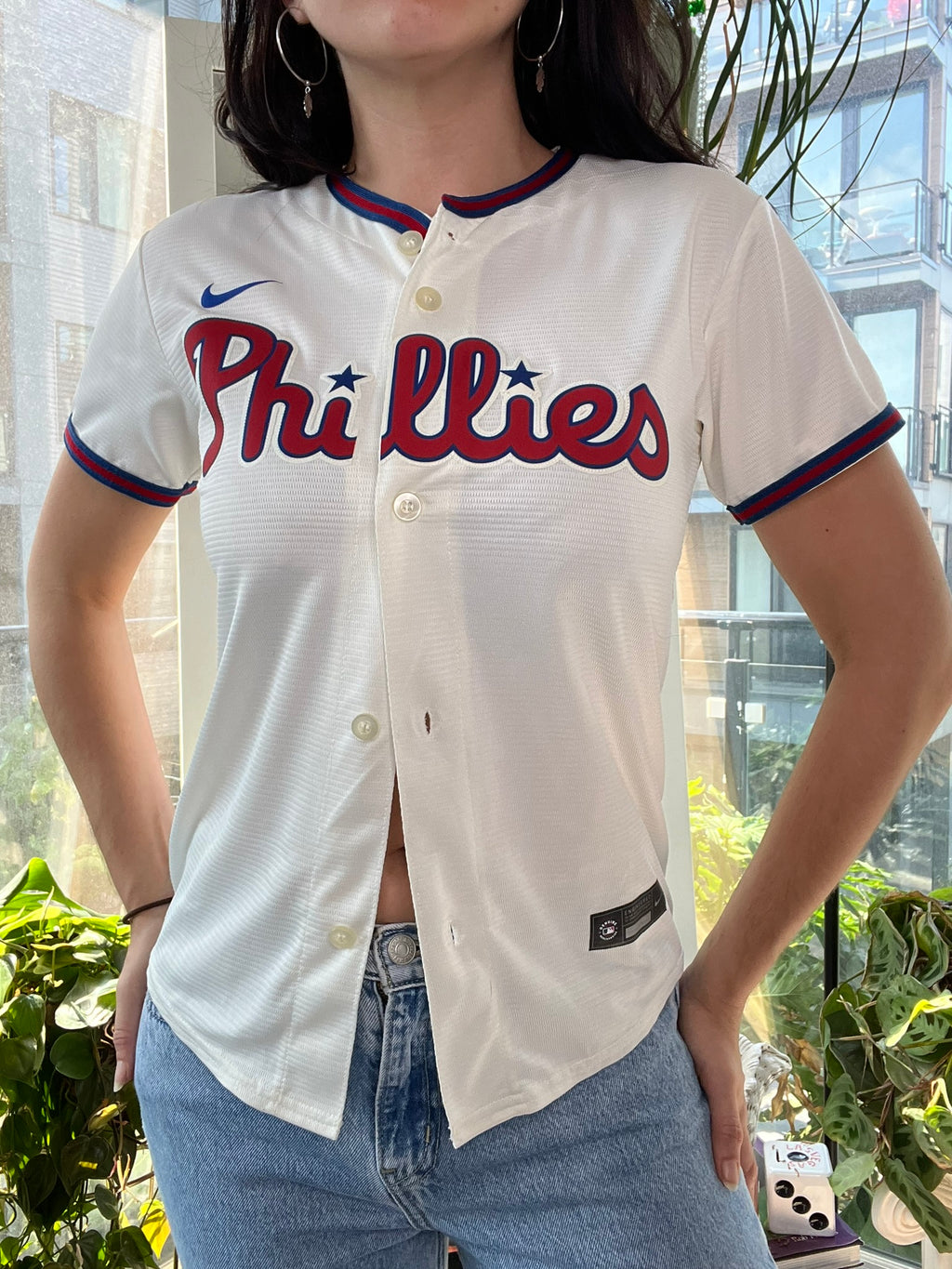 Women's Bryce Harper Nike Phillies baseball jersey by Elektra Vintage, featuring team logo and sports-inspired design.