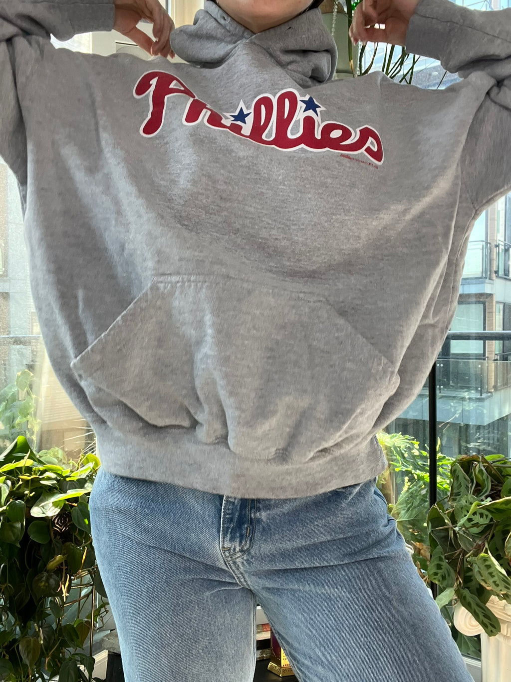 2000s Phillies hoodie by Elektra Vintage, featuring team logo and vintage design, displayed on a hanger.