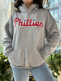 2000s Phillies hoodie by Elektra Vintage, front view showing team logo and classic baseball team design.