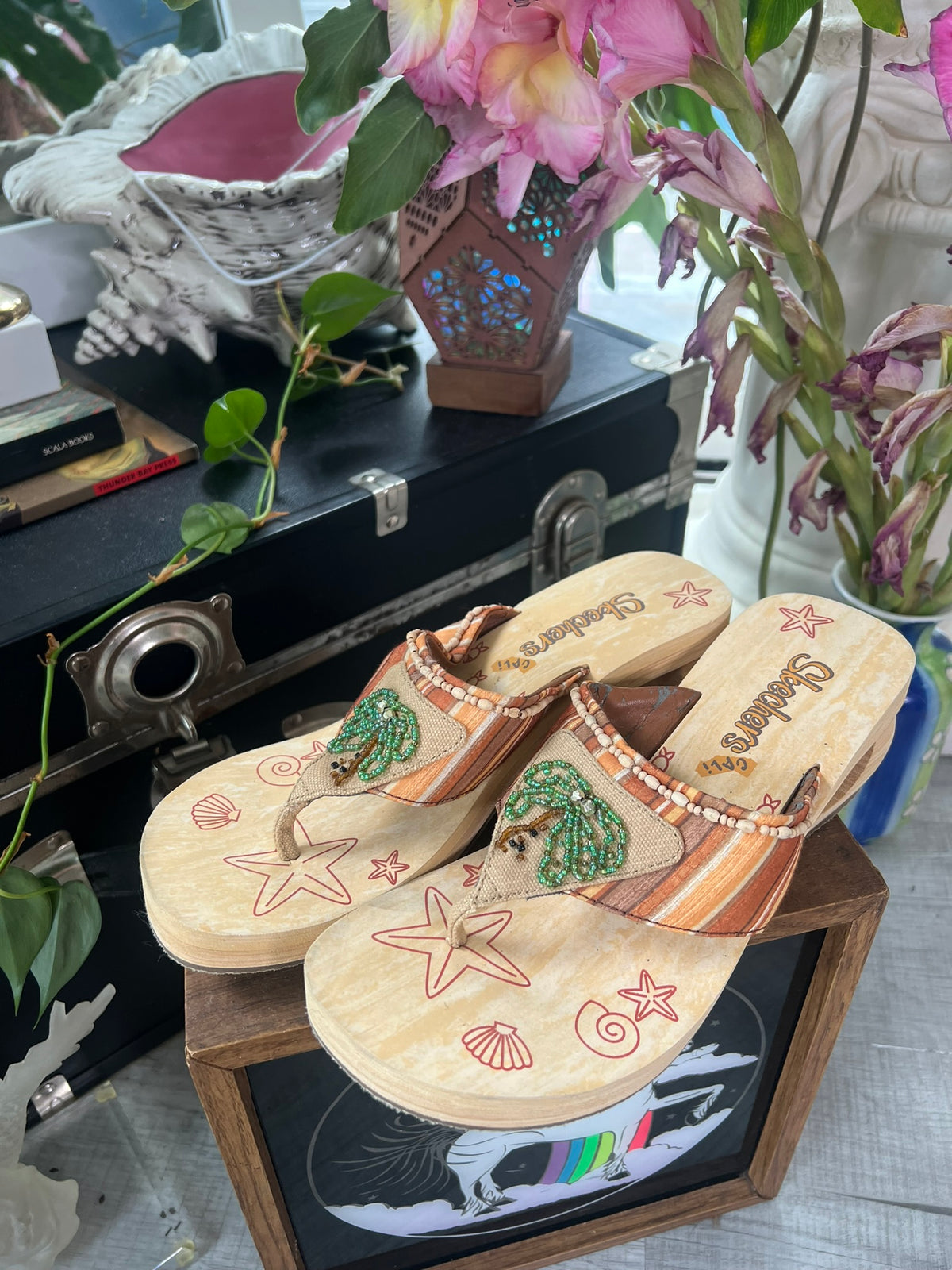 Vintage Y2K Sketchers beaded wedges with colorful beaded straps and wooden heels, styled in retro fashion by Elektra Vintage.