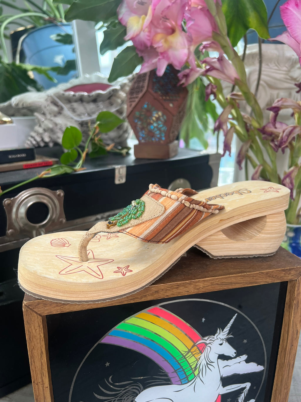 Vintage Y2K Sketchers beaded wedges by Elektra Vintage, featuring beaded details and chunky wedge heel, stylish retro footwear.