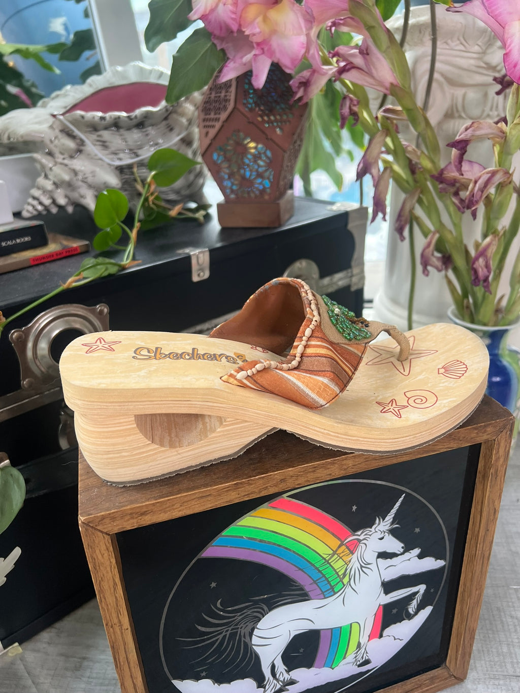 Vintage Y2K Sketchers beaded wedges with woven straps and chunky heel, styled by Elektra Vintage.