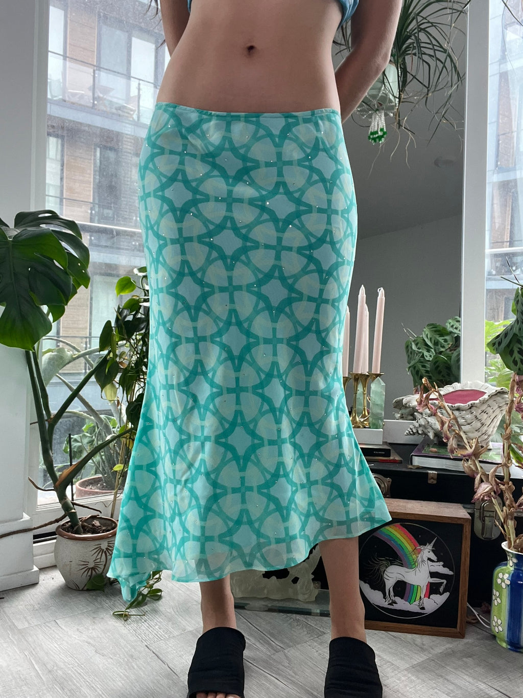 Blue geometric midi skirt with rhinestones by Elektra Vintage, featuring a stylish pattern and elegant design.