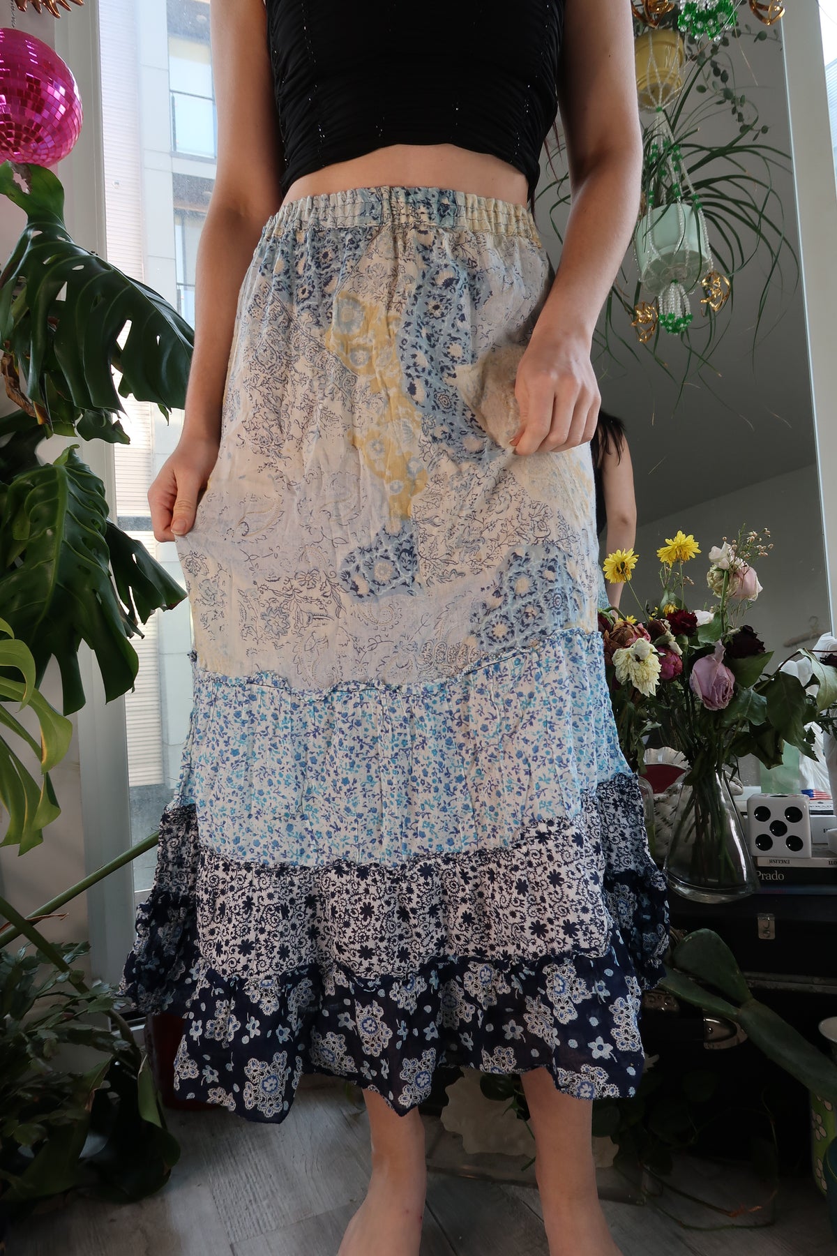 Vintage 2000s Blue Floral Tiered Boho Maxi Skirt