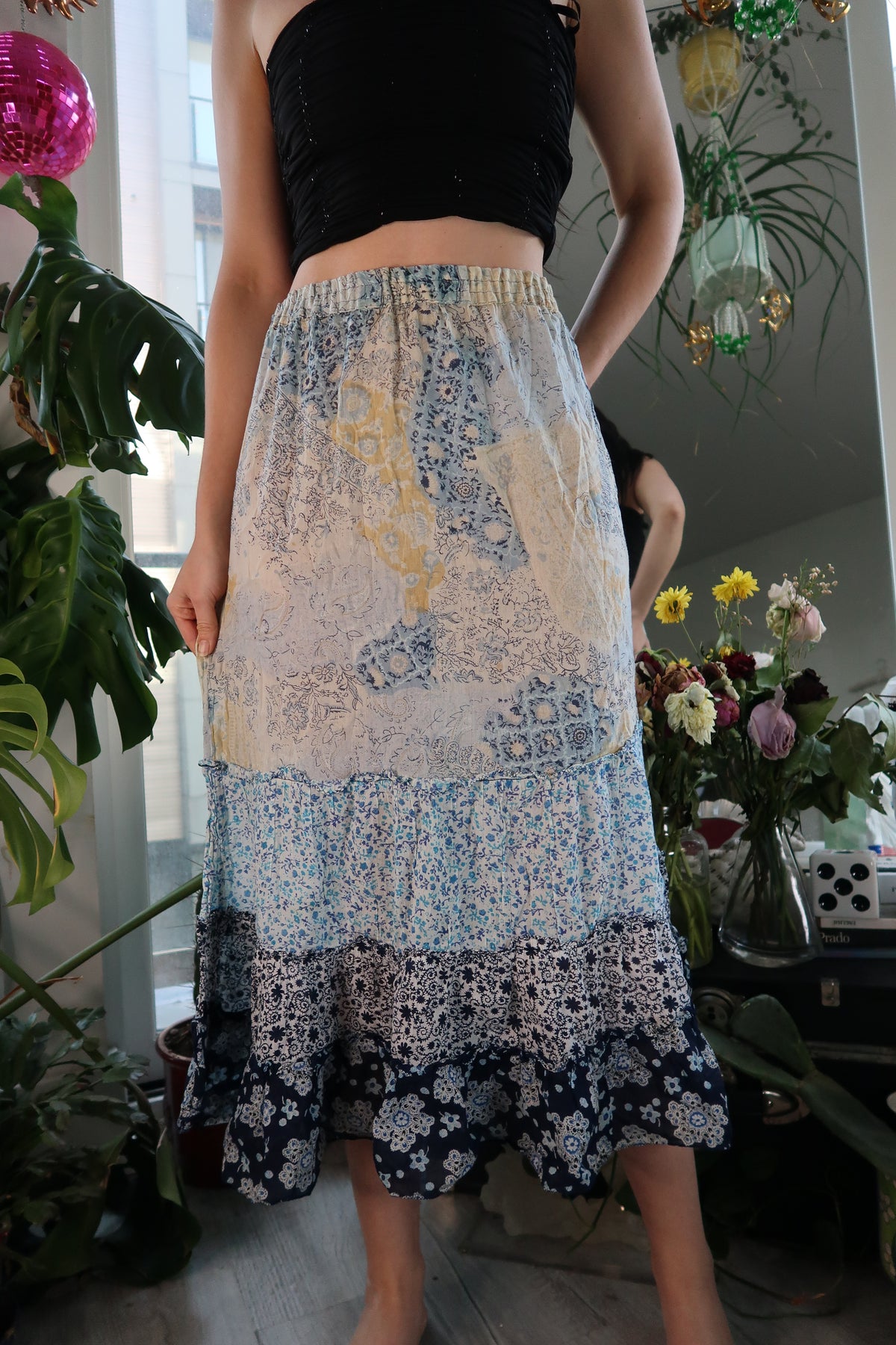 Vintage 2000s Blue Floral Tiered Boho Maxi Skirt
