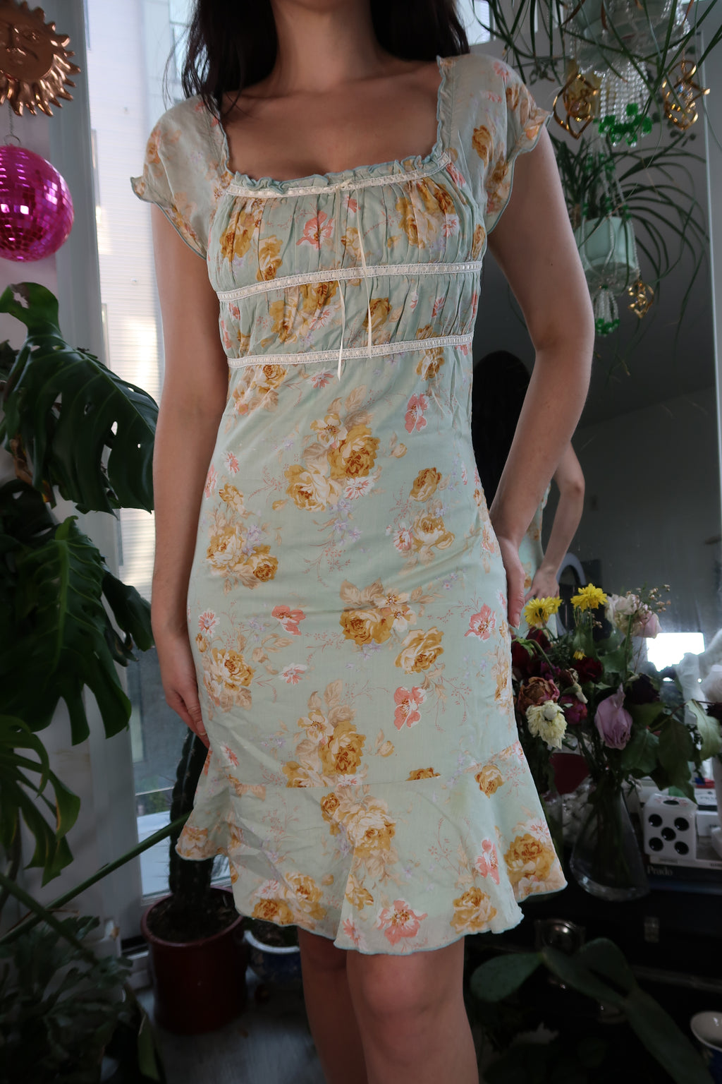 Vintage 2000s Blue Floral Midi Milkmaid Dress