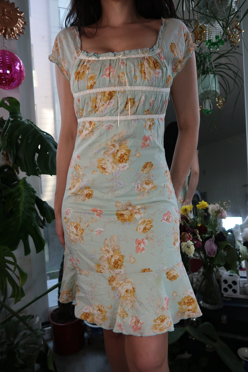 Vintage 2000s Blue Floral Midi Milkmaid Dress