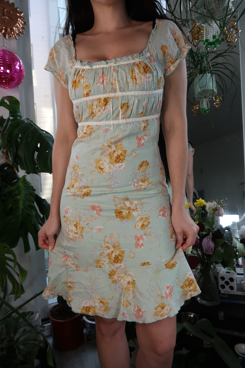 Vintage 2000s Blue Floral Midi Milkmaid Dress