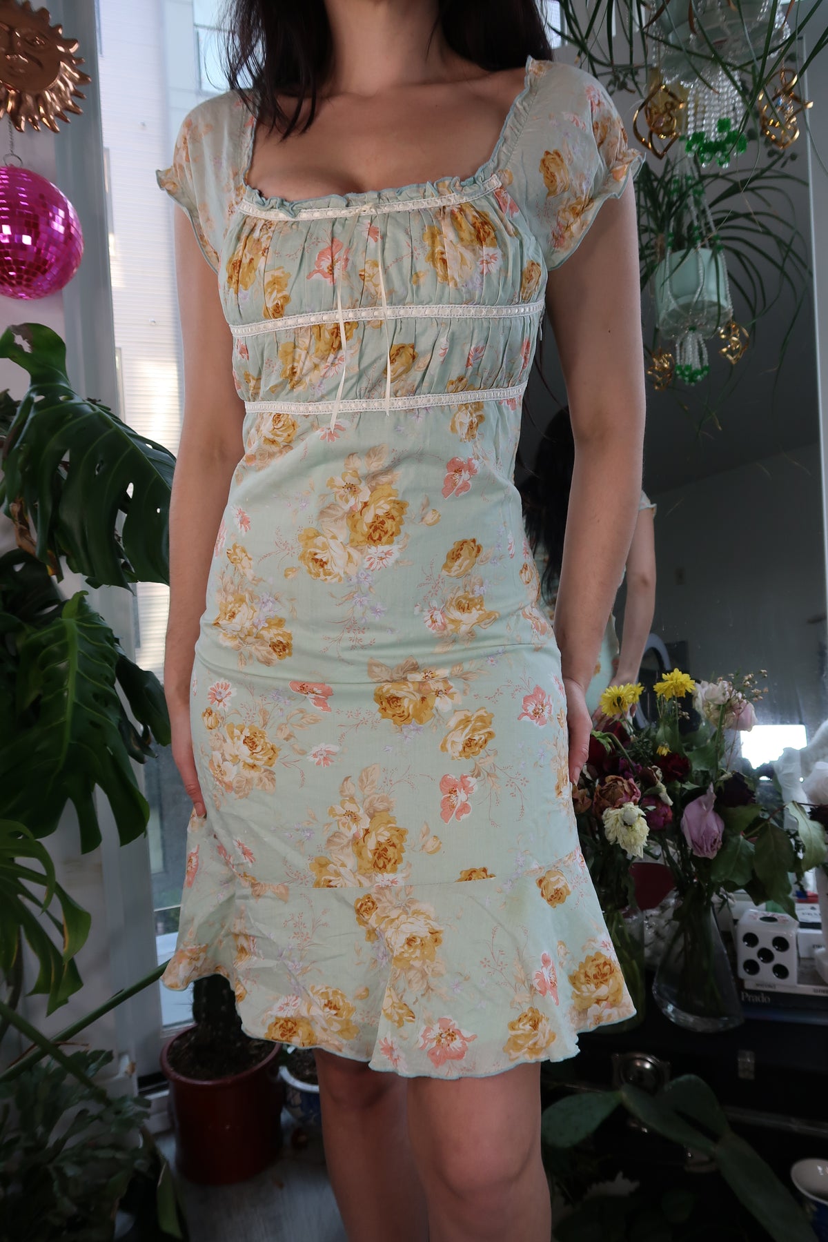 Vintage 2000s Blue Floral Midi Milkmaid Dress