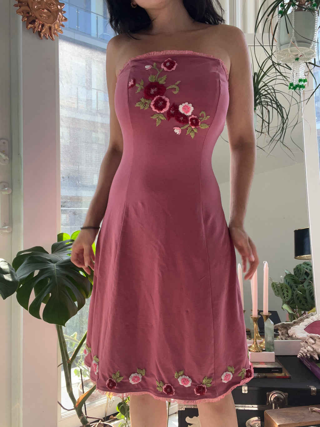 Vintage Betsey Johnson floral embroidered strapless dress by Elektra Vintage, shown hanging with intricate floral embroidery and elegant design.