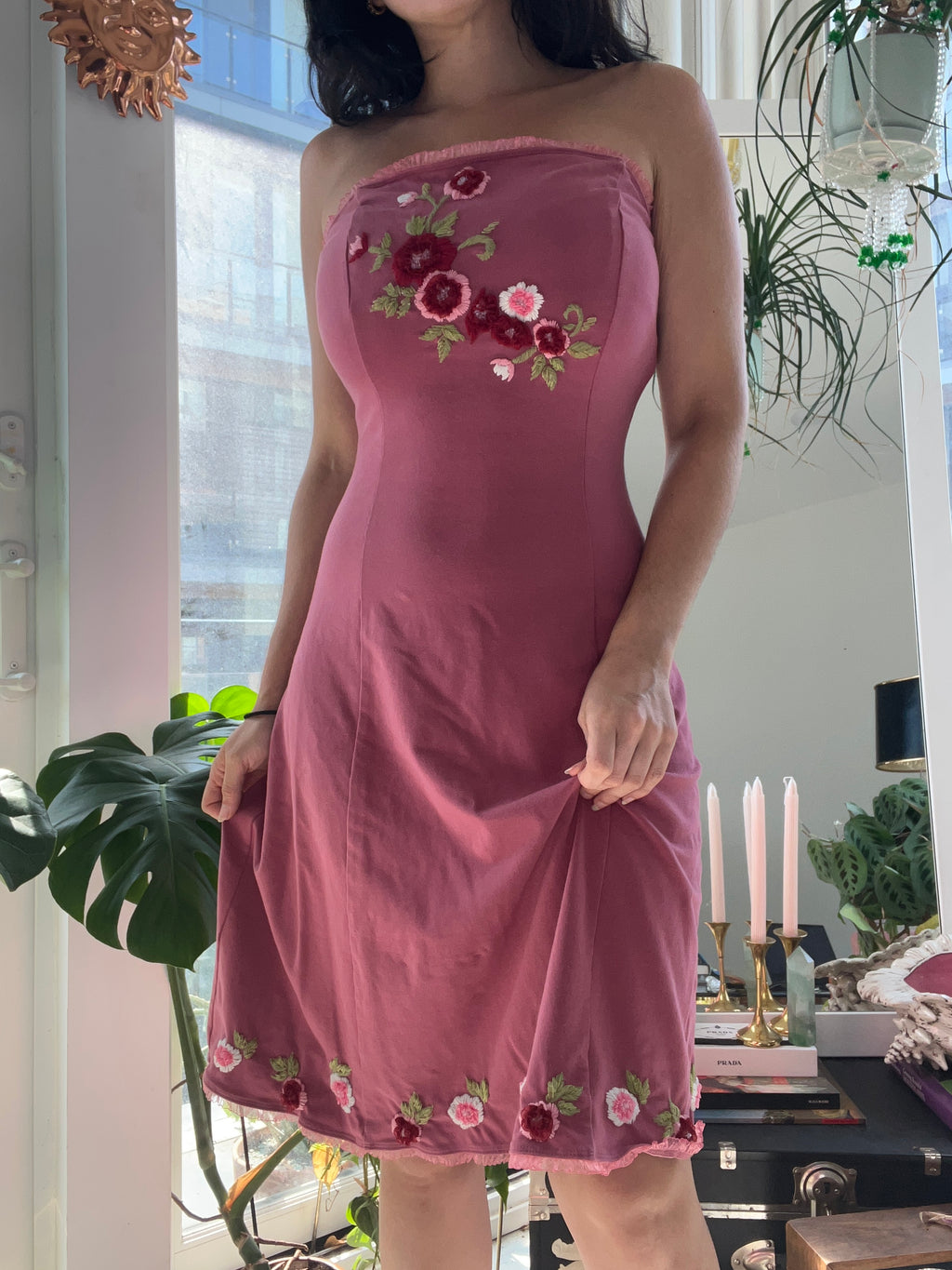 Vintage Betsey Johnson embroidered floral strapless dress by Elektra Vintage, featuring colorful floral embroidery and a fitted bodice.