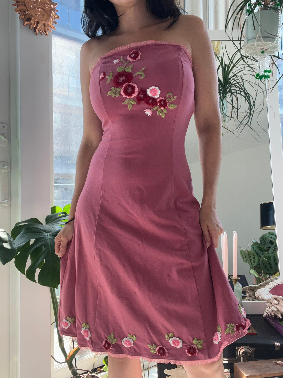 Vintage Betsey Johnson embroidered floral strapless dress by Elektra Vintage, featuring colorful floral embroidery and a fitted bodice.