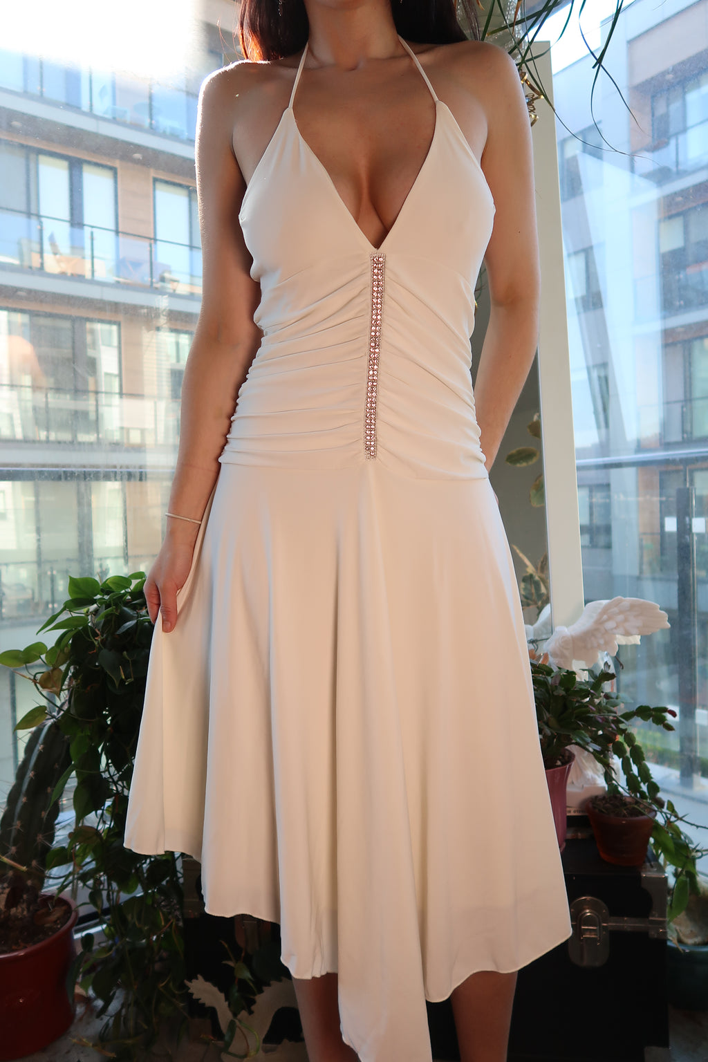 Vintage 2000s Charlotte Russe white rhinestone midi dress by Elektra Vintage, featuring elegant rhinestone embellishments.