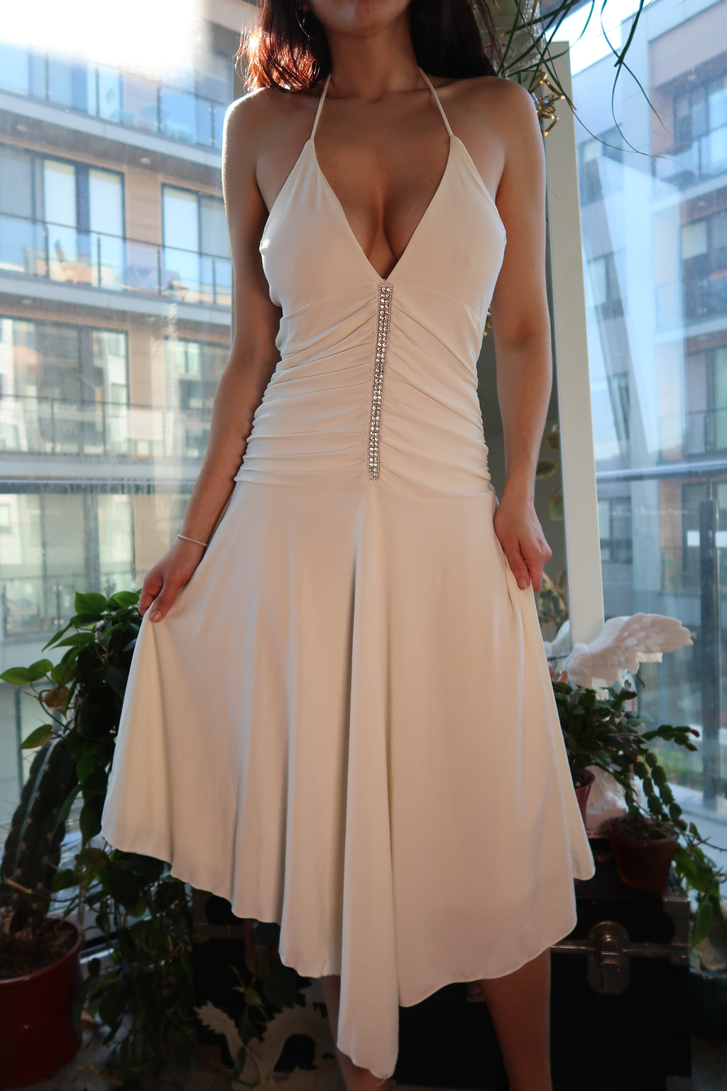 Vintage 2000s Charlotte Russe white rhinestone midi dress by Elektra Vintage, featuring elegant embellishments and a classic silhouette.
