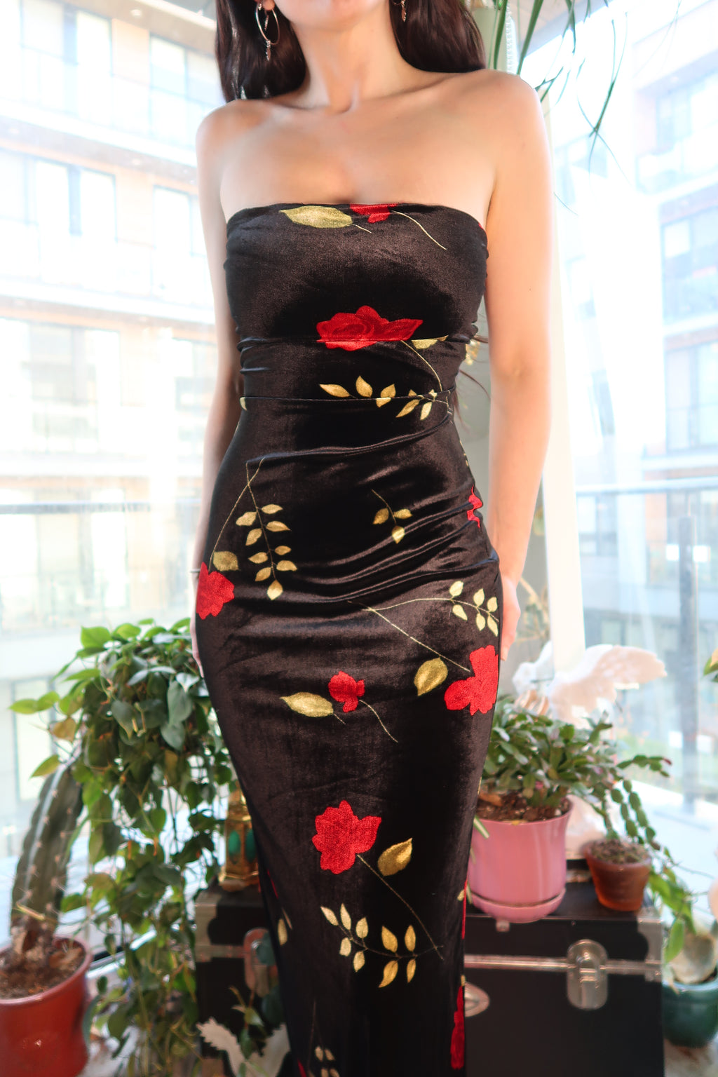 Vintage 90s Red Rose Velour Maxi Dress
