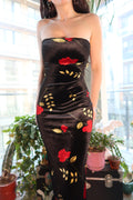 Vintage 90s Red Rose Velour Maxi Dress