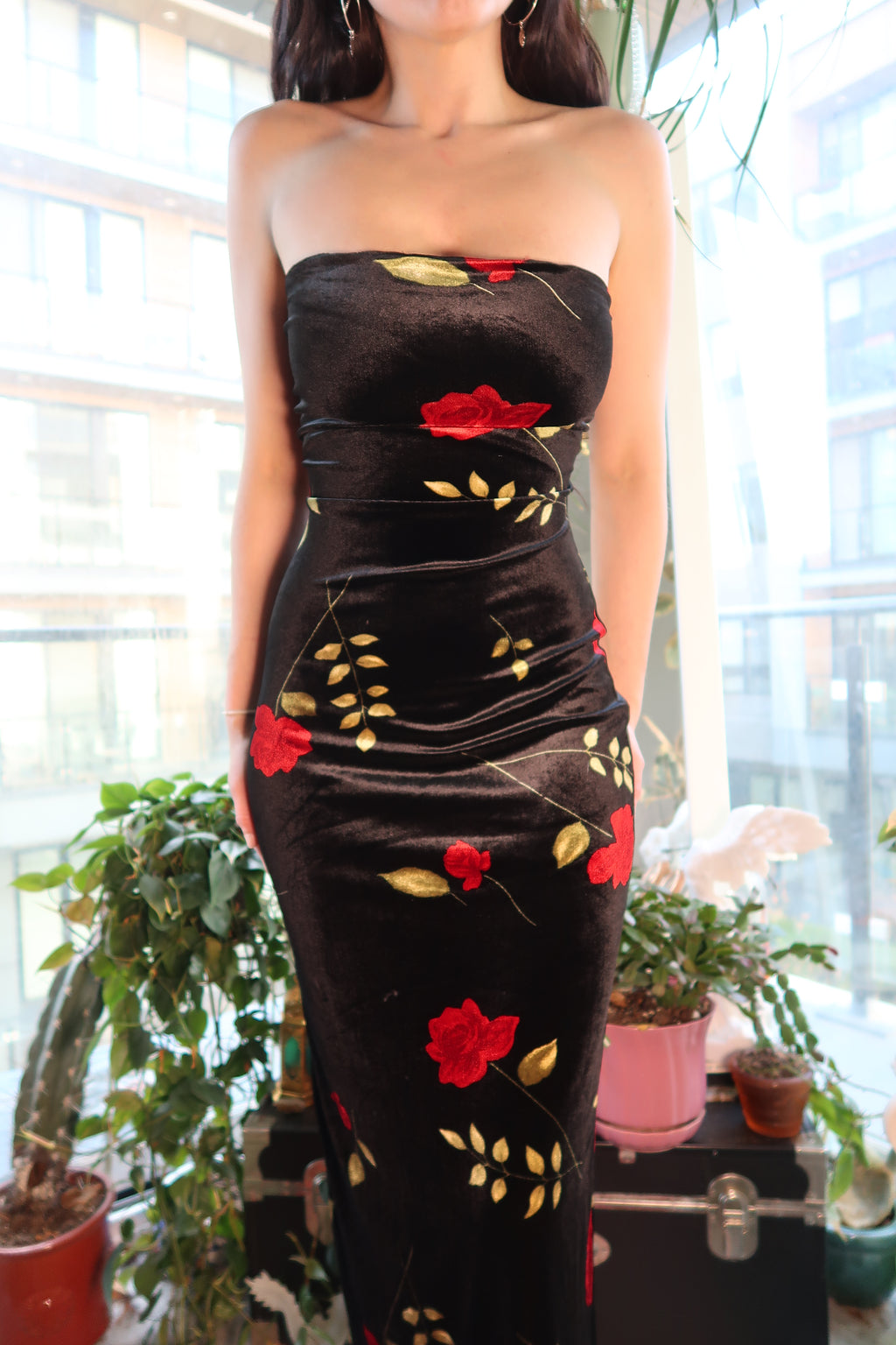 Vintage 90s Red Rose Velour Maxi Dress