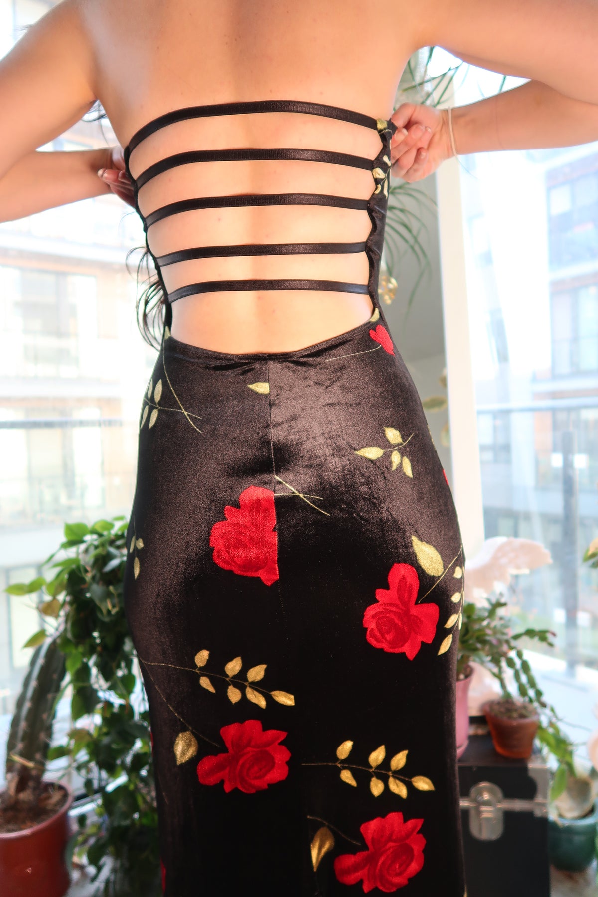 Vintage 90s Red Rose Velour Maxi Dress