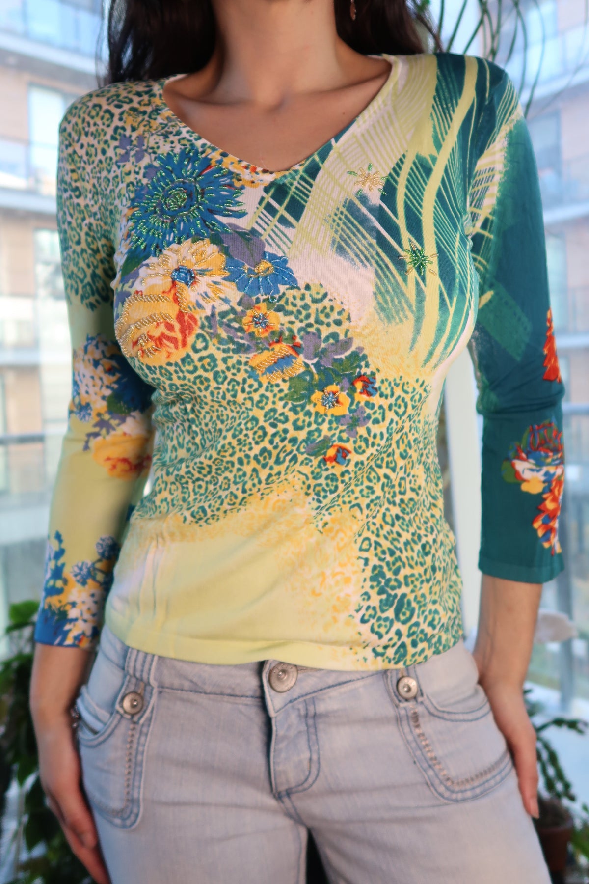 Vintage 2000s Tropical Floral Cheetah Long Sleeve Top