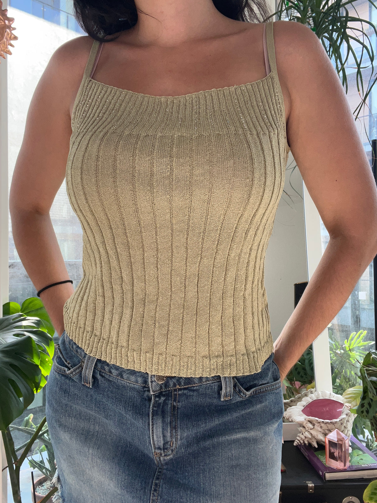 Moss green beaded knitted tank top for women by Sigrid Olson, styled with intricate beadwork and a relaxed fit.