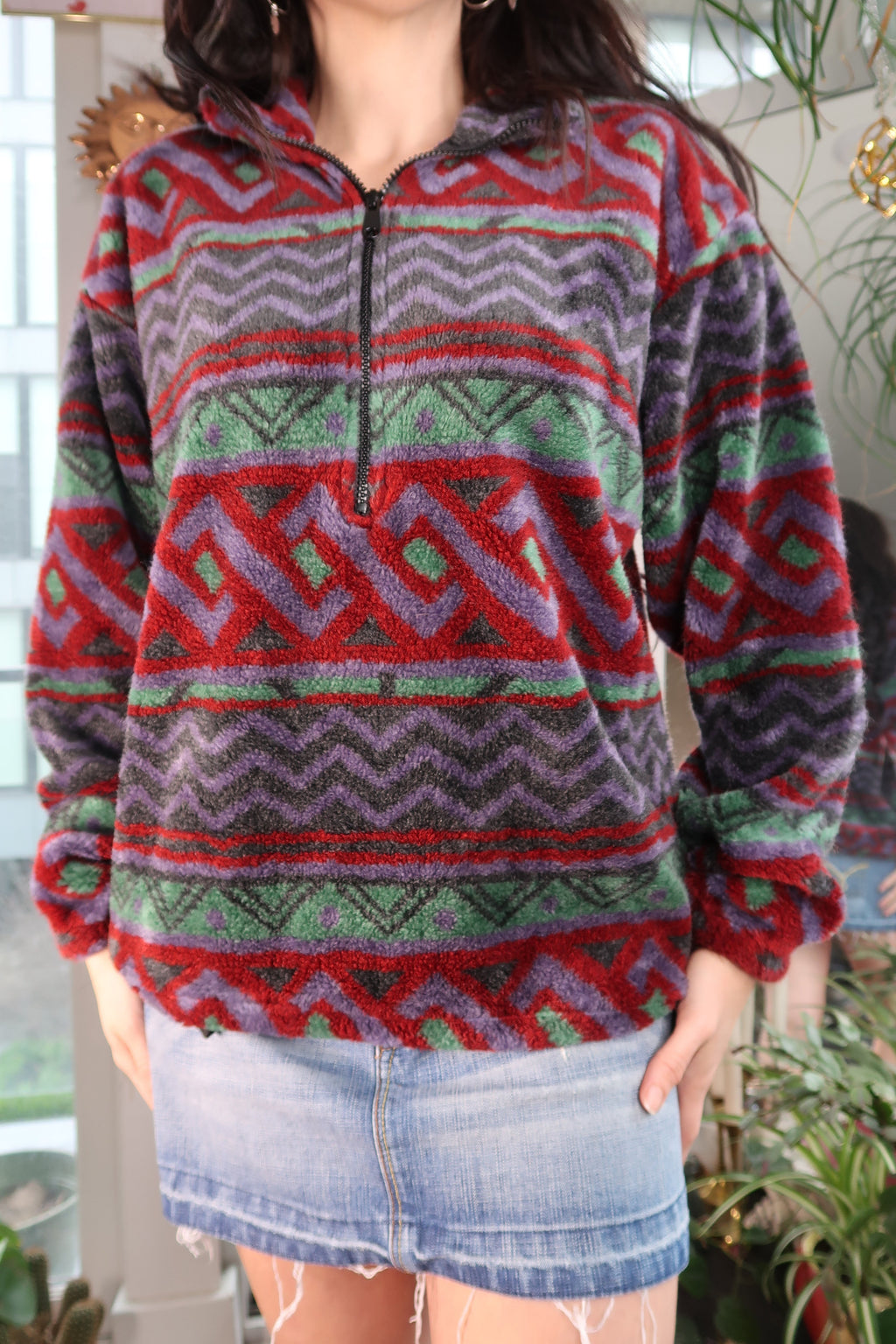 Vintage 90s Geometric Patterned Fleece Quarter Zip