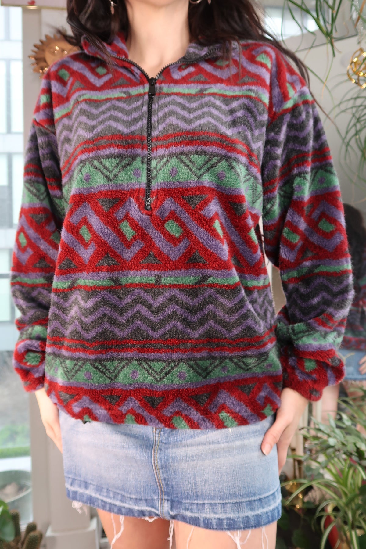 Vintage 90s Geometric Patterned Fleece Quarter Zip