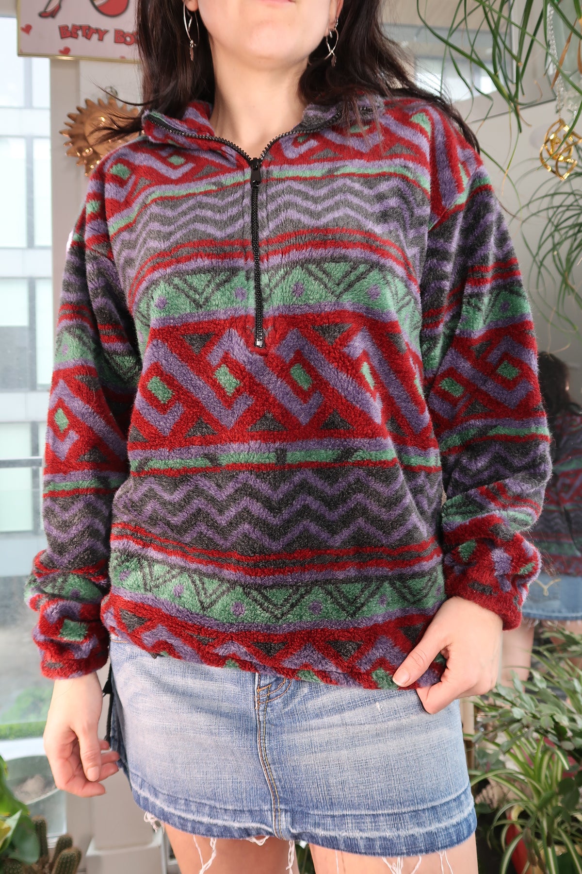 Vintage 90s Geometric Patterned Fleece Quarter Zip