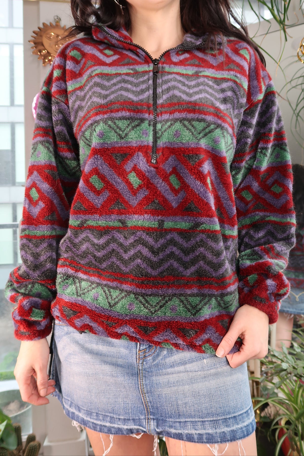 Vintage 90s Geometric Patterned Fleece Quarter Zip