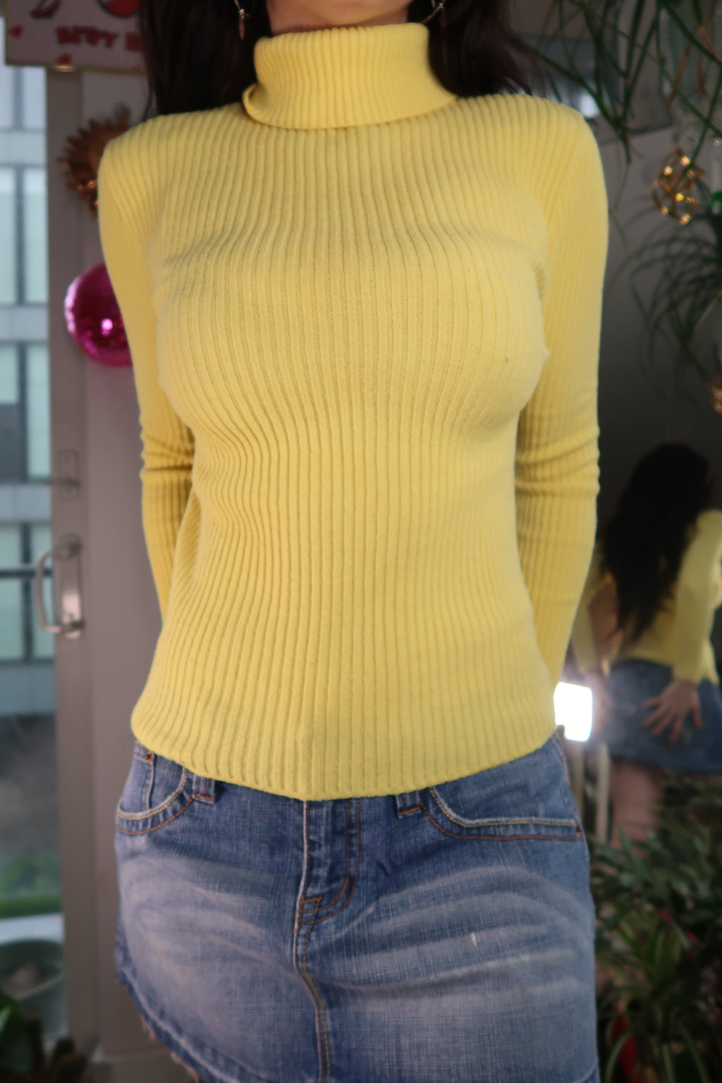 Vintage 70s Yellow Ribbed Knit Turtleneck Top - Elektra Vintage