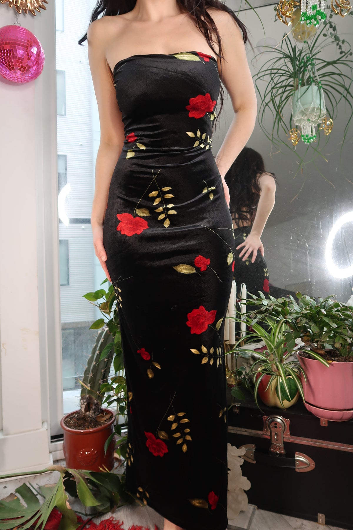 Vintage 90s Red Rose Velour Maxi Dress