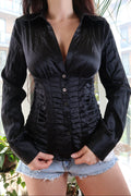 Black 2000s Marciano silk ruffle top for women, vintage style with elegant ruffle details and classic fit.